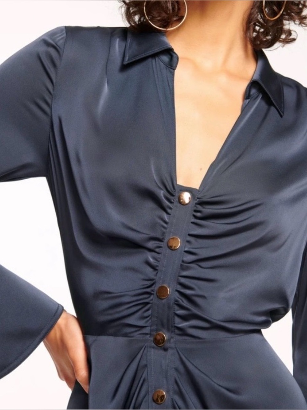 Ramy Brook NY Katelyn Navy Satin Ruched Button Mini Dress with Gold Buttons - Picture 3 of 16